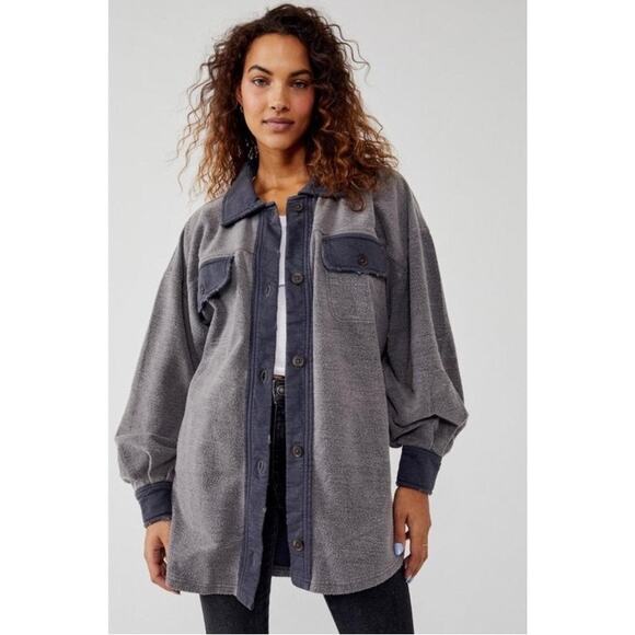 free people blue gray ruby oversized shirt jacket - Picture 1 of 3